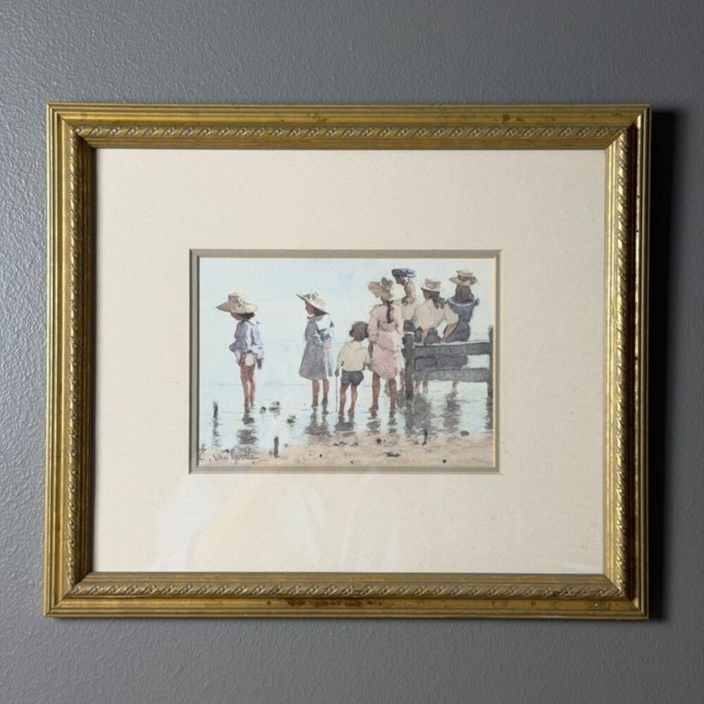 Vintage Coastal Beach Children Framed Art Print Nursery Decor  12"x14"